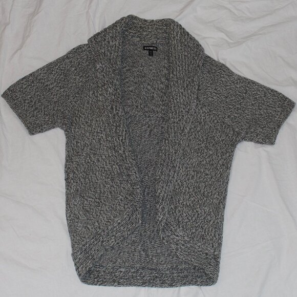 Express Gray/White Variegated Short Sleeve Heavy Open Front Roll Collar Sweater - Picture 1 of 15